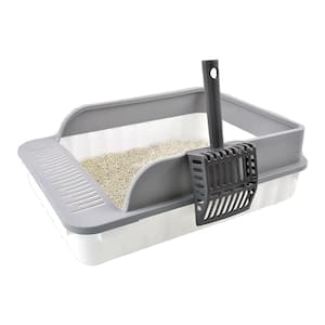 Open Cat Litter Box with High Sides, Sifting Scoop, Semi-Enclosed Anti-Splashing Design and Deodorizing, Gray