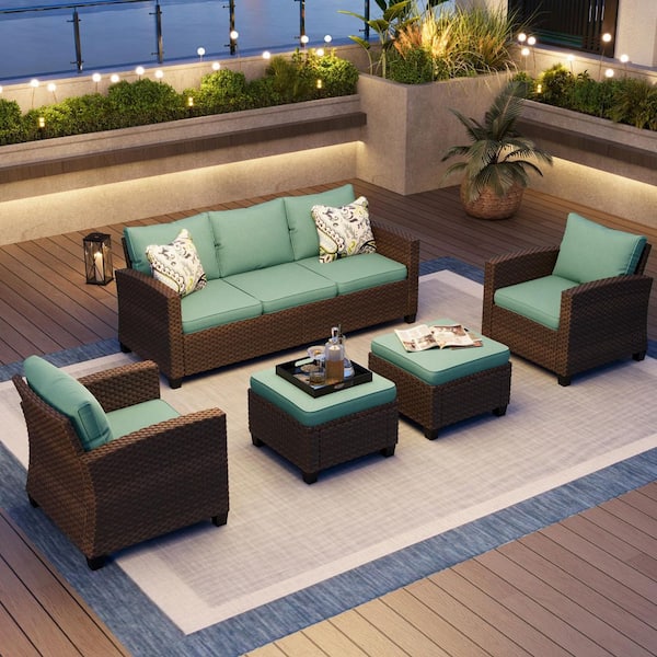 PHI VILLA Dark Brown Rattan Wicker 7 Seat 5-Piece Steel Outdoor Patio Conversation Set with Blue Cushions and 2 Ottomans