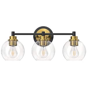 19.5 in. 3-Light Black & Brass Vanity Light with Clear Glass Shade E26 Sockets for Bathroom Bedroom Hallway Living Room