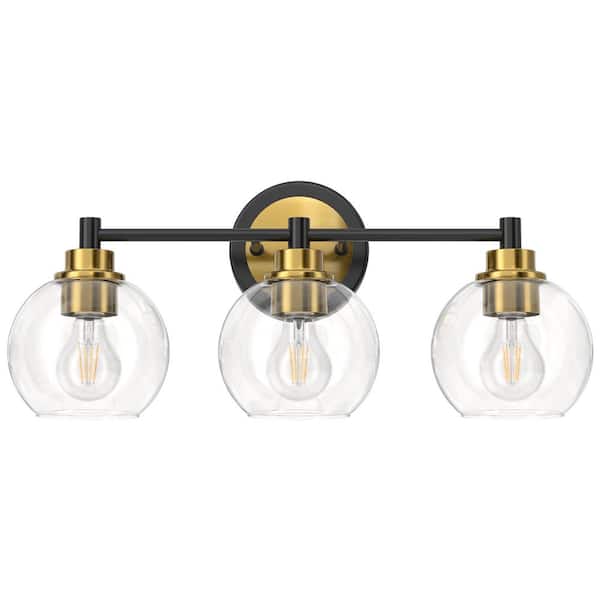Merra 19.5 in. 3-Light Black & Brass Vanity Light with Clear Glass Shade E26 Sockets for Bathroom Bedroom Hallway Living Room