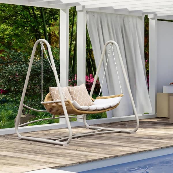 AUTMOON Outdoor Wicker Porch Patio Swing, 2-Seat Hanging Swing Chair with Cushions and Pillow for Garden, Backyard