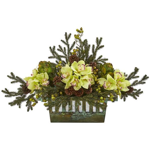 Nearly Natural Cymbidium Orchid Artichoke Pine and Berries Artificial Arrangement