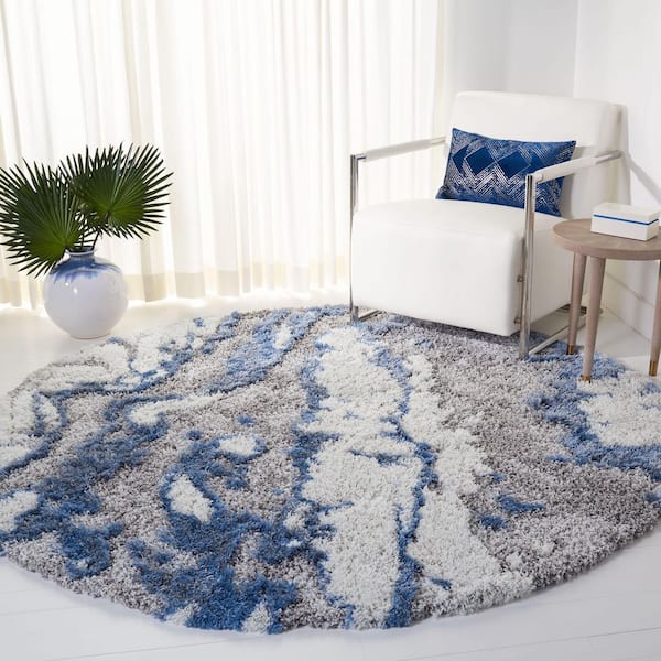 Horizon Shag Gray/Blue 4 ft. x 4 ft. Abstract Marble Round Area Rug
