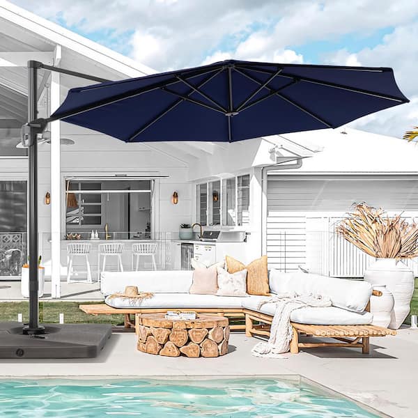 Sonkuki 11 ft. Round Aluminum 360-Degree Rotation Cantilever Offset Outdoor Patio Umbrella with a Base in Navy Blue