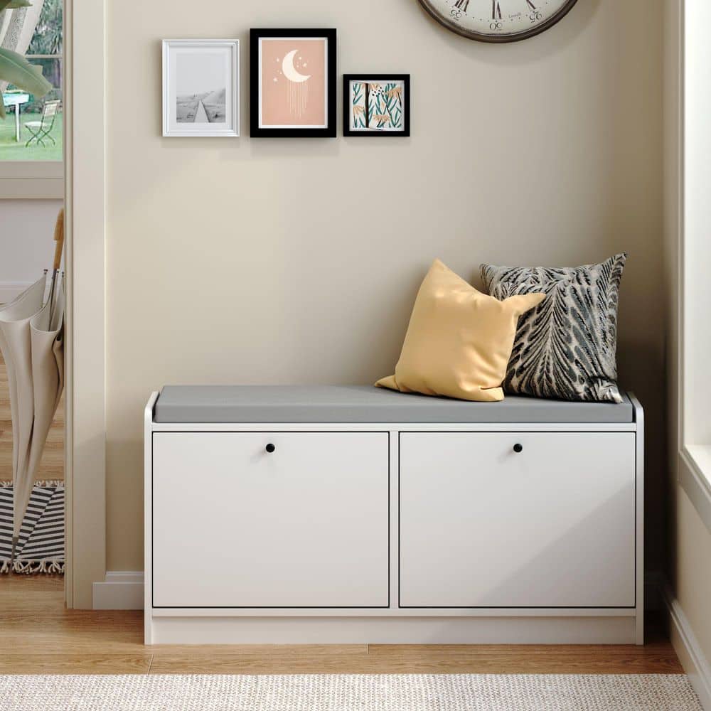 Tamara 18.89 in. H x 39.76 in. W White Wood Shoe Storage Bench with Seat Cushion