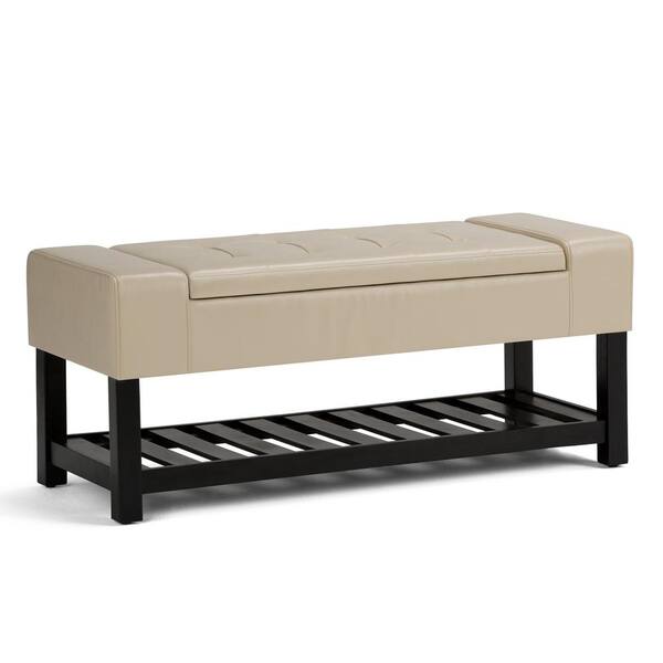 Simpli Home Finley Storage Ottoman Bench in Satin Cream Faux Leather