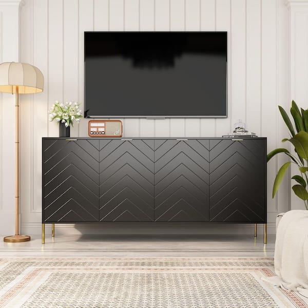  Deluxe Black 30 in. H 4-Door Storage Cabinet with Carved Design Metal Pulls Adjustable Shelves Large Capacity