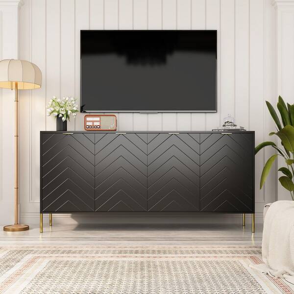 Clihome Deluxe Black 30 in. H 4-Door Storage Cabinet with Carved Design Metal Pulls Adjustable Shelves Large Capacity