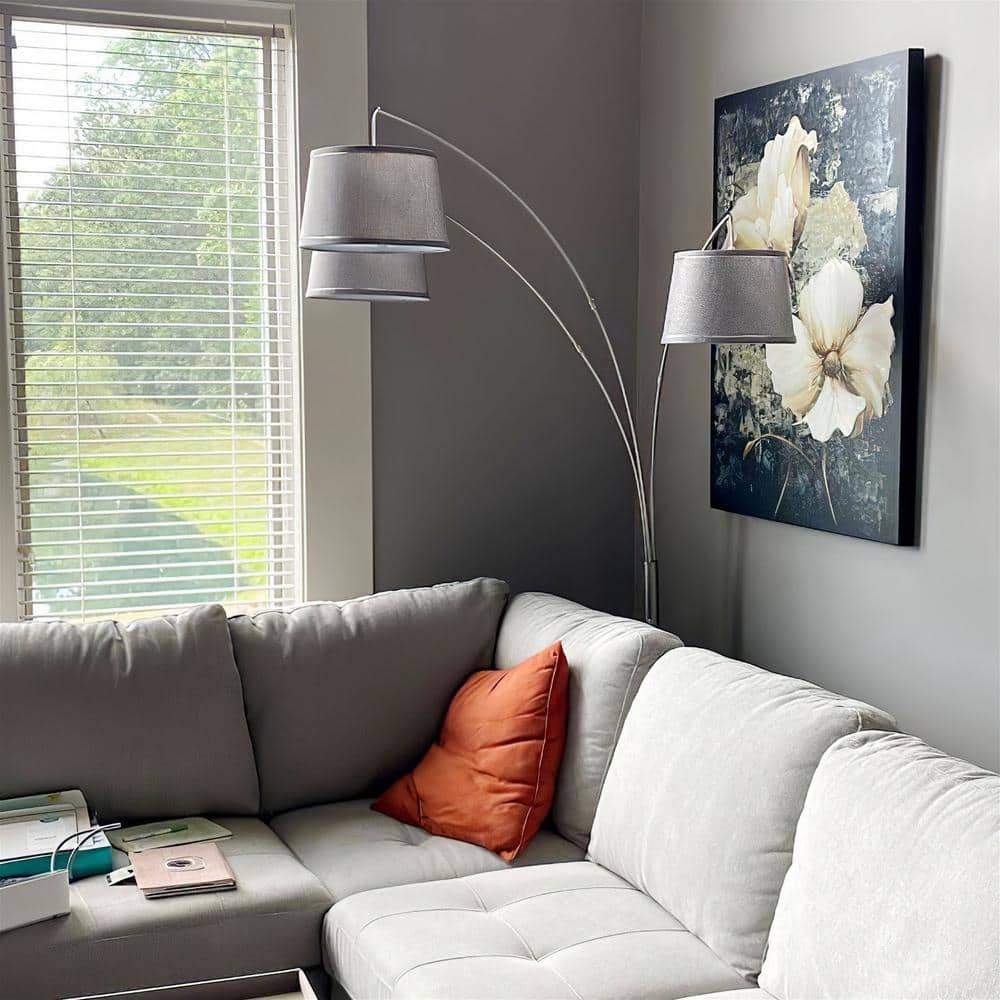 Elegance Arc 3-Light Floor Lamp with Gray Burlap Shades and Brushed Nickel Finish