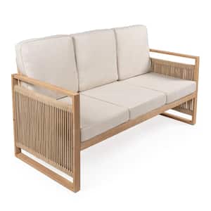 Gable 3-Seat Mid-Century Modern Roped Acacia Wood Outdoor Couch Sofa, Beige/Light Teak with Cushions