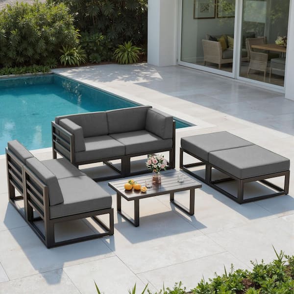6-Seat Dark Gray 4-Piece Aluminum Outdoor Patio Conversation Deep Seating Set with Gray Cushion, Coffee Table, Ottoman