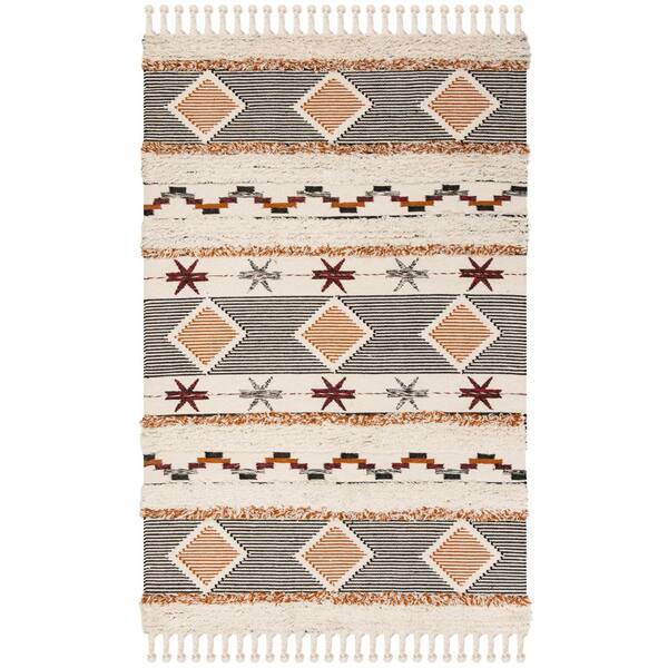 SAFAVIEH Kenya Ivory/Black-Orange 5 ft. x 8 ft. Geometric Ikat Area Rug