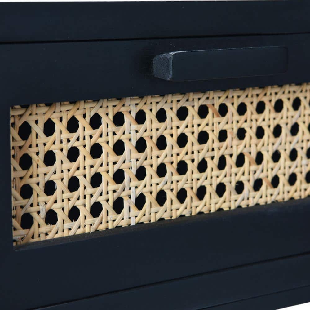 Compact Black Mango Wood Nightstand with Woven Cane Drawer