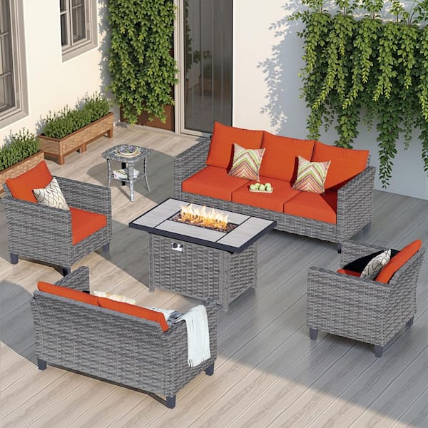 OVIOS New Star Gray 6-Piece Wicker Patio Rectangle Fire Pit Conversation Seating Set with Orange Red Cushions