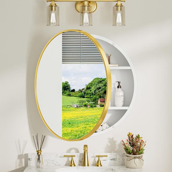30 in. W x 30 in. H Round Gold White Metal Framed Surface Mount Medicine Cabinet with Mirror