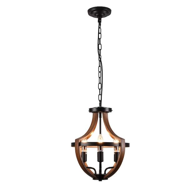 OUKANING 13.4 in. 4-Light Black Cage Pendant Light with Wood Shade Adjustable Chain Retro