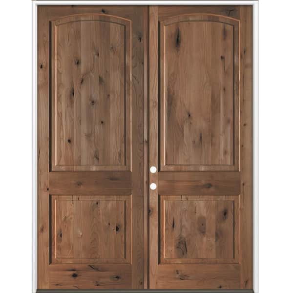 64 in. x 96 in. Rustic Knotty Alder 2-Panel Arch-Top Active Right Double BEHR True Black Stain Wood Prehung Front Door