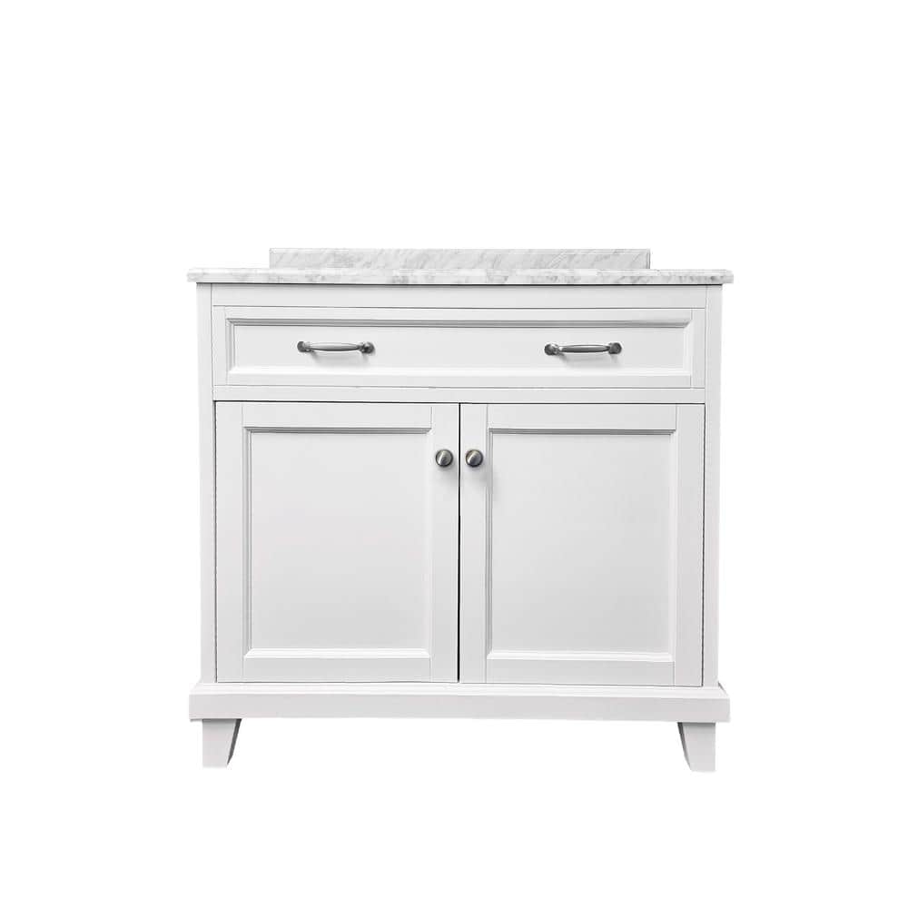 36" White Solid Wood Bathroom Vanity with Carrara Marble Top