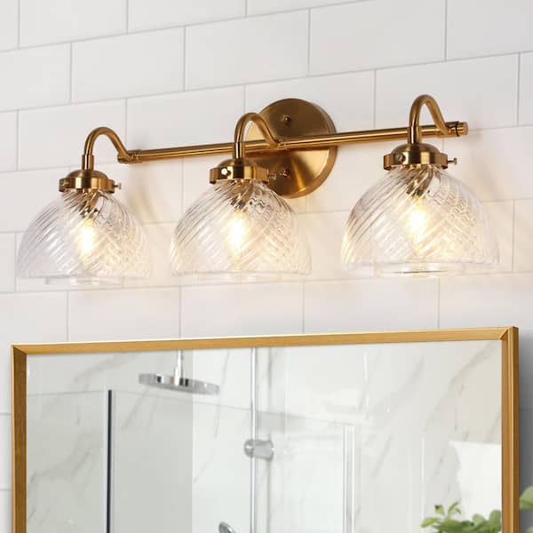 25.5 in. 3-Light Brass Transitional Bathroom Vanity Light Wall Sconce with Ribbed Glass Shades
