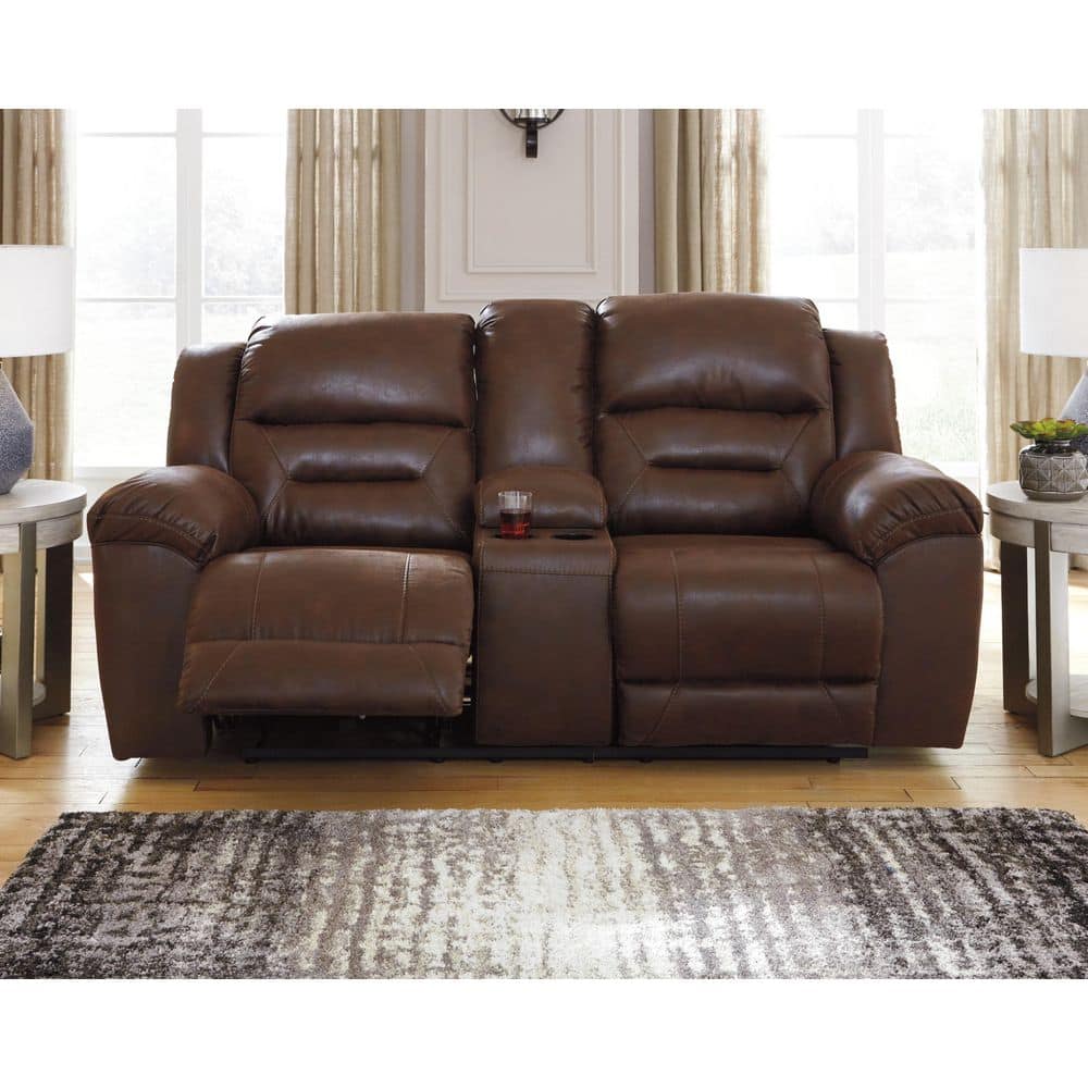 Stoneland 82 in. Solid Faux Leather 2-Seat Power Reclining Loveseat with Console in Brown