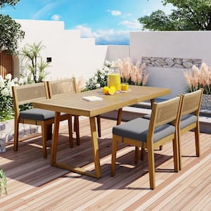 Natural 5-Piece Patio Acacia Wood Outdoor Dining Set with Rectangular Table, 4 Chairs and Removable Gray Cushions