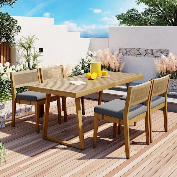 grossag Natural 5-Piece Patio Acacia Wood Outdoor Dining Set with Rectangular Table, 4 Chairs and Removable Gray Cushions