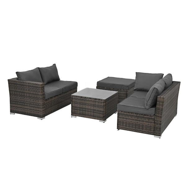 Oyezvary 4-Piece Double Line PE Wicker Rattan Patio Conversation Set with 5mm Tempered Glass Coffee Table and Dark Gray Cushions