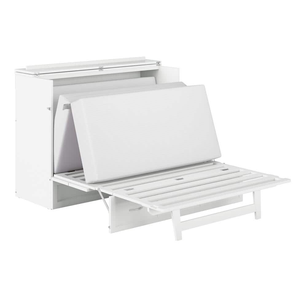 White Wood Frame Full Murphy Bed Chest with Storage Drawer