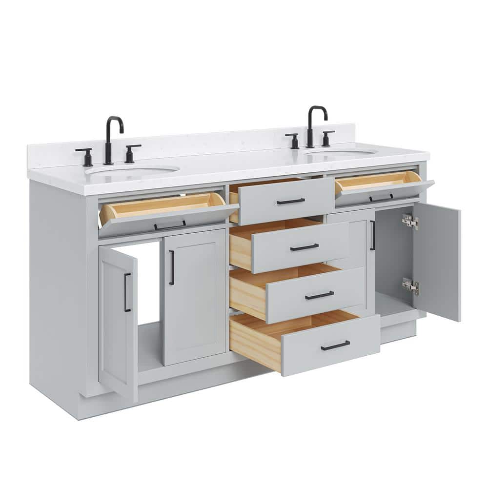 Gray Double Bathroom Vanity with Quartz Top and Storage