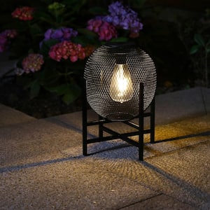 11.5 in. H Metal Mesh Solar Powered Outdoor Lantern with Stand in Black