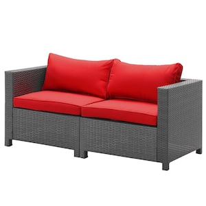 2-Piece Wicker Rattan Sofa Conversation Set with Red Cushion