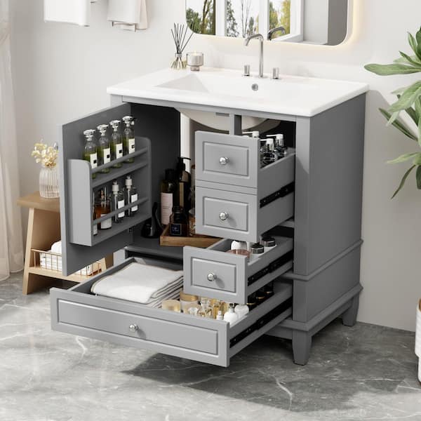 30 in. Single Sink Freestanding Grey Bath Vanity with White Ceramic Top and 3 Drawer Storage Cabinet Unassembled