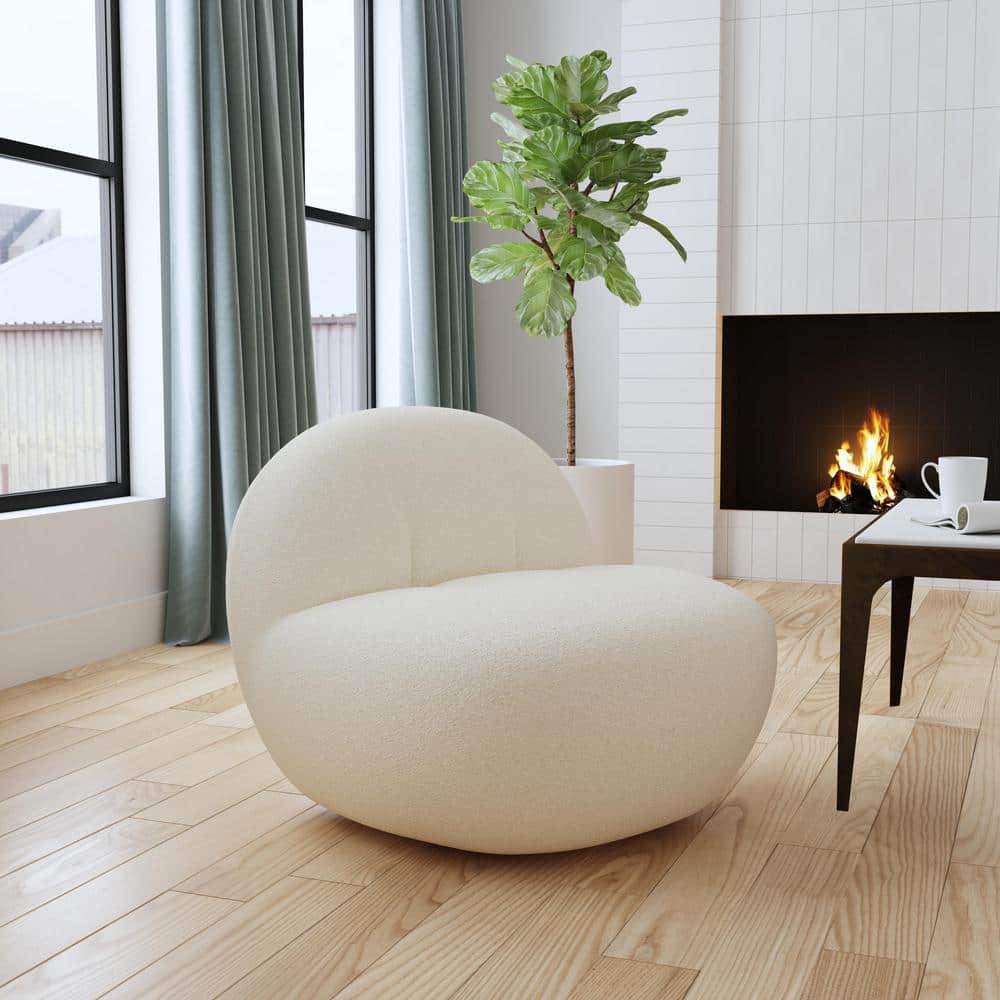 Off-White Curved Sherpa Armless Swivel Chair with Gold Finish