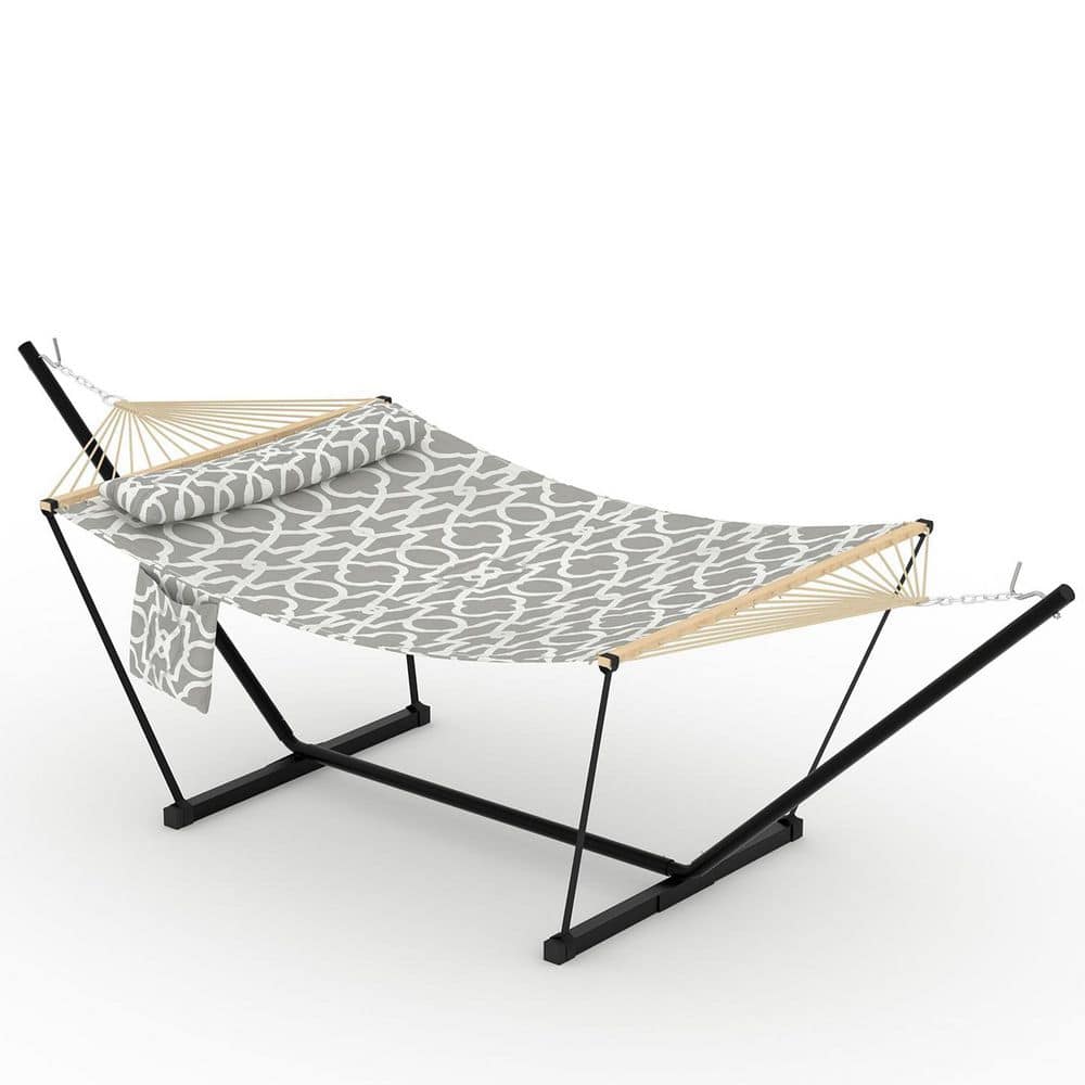 12 ft. Free Standing Double Hammock, 2-Person Hammock Bed with Spreader Bar, Stand and Pillow in Gray Pattern price history on PriceWatchPro