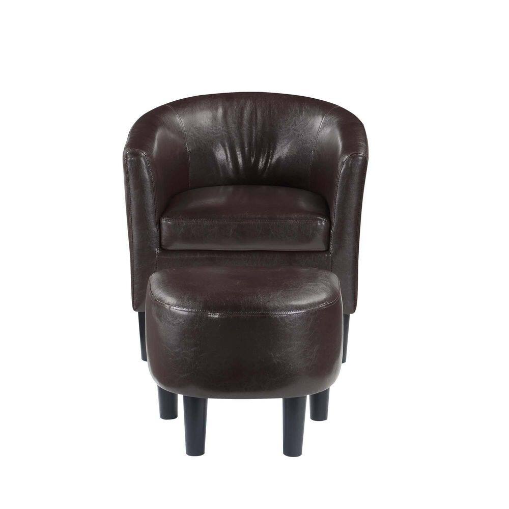Espresso Faux Leather Barrel Accent Chair and Ottoman Set