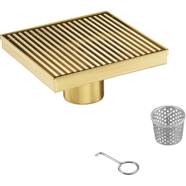 Elegante Drain Collection 6 in. Square Stainless Steel Shower Drain with Bar Pattern and Zirconium Gold Plating