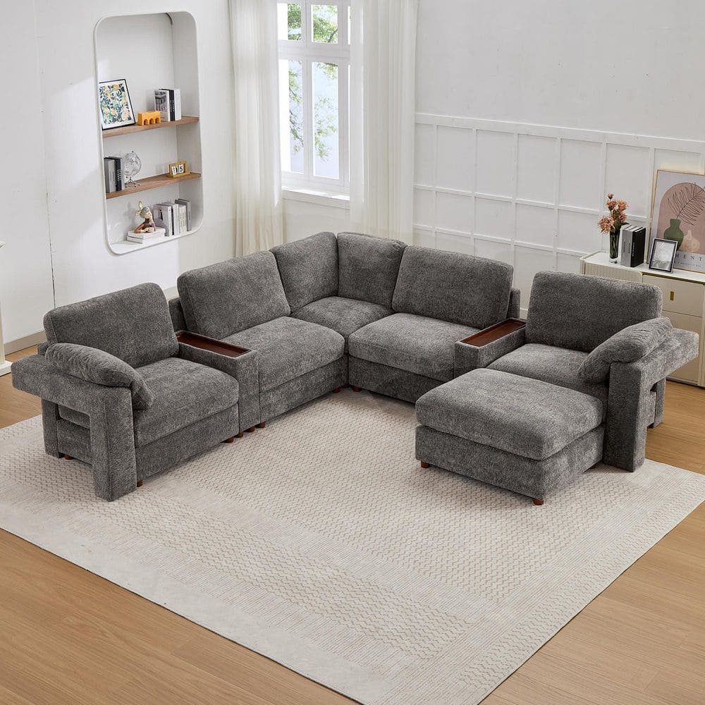 ゆゆ Seafuloy 121 in. Straight Arm 6-Piece Chenille Oversized Modular