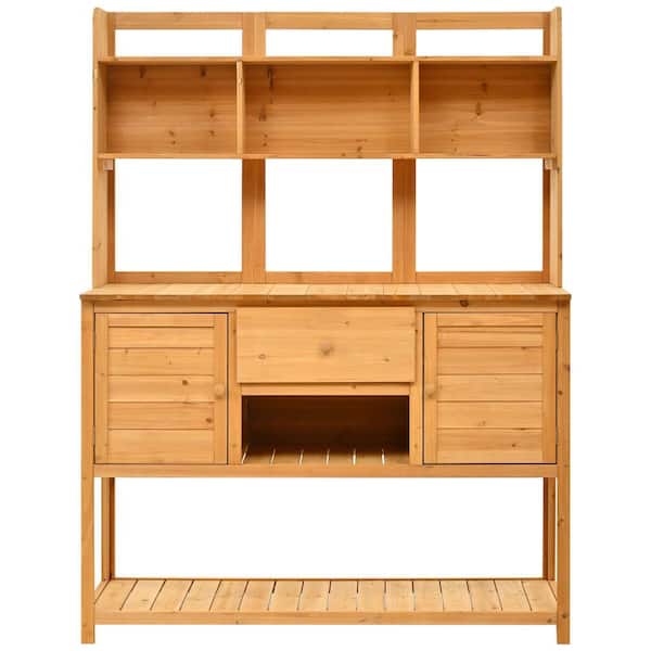 50.2 in. W x 66.1 in. H Brown Solid Fir Wood Potting Bench Garden Workstation with Hutch, Drawer & Adjustable Shelves
