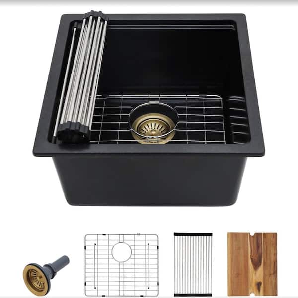 15 in. Undermount Bar/Rv Workstation Kitchen Sink in Matte Black Quartz Composite with Bottom Grid and Strainer Drain
