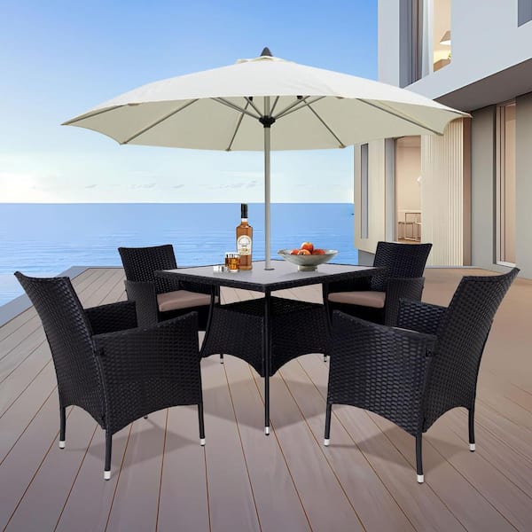 Unbranded 5-Piece Black Wicker Outdoor Dining Set with Khaki Cushions and 1.97 in. Umbrella Hole