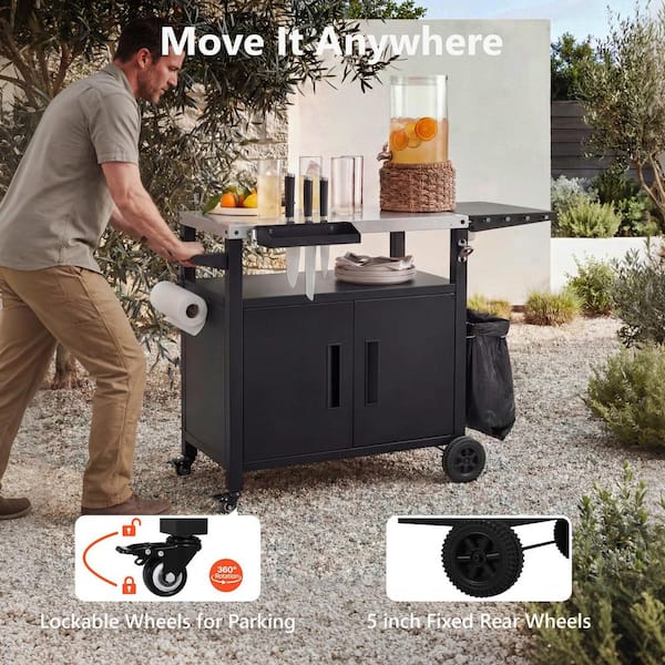 Metal Outdoor Grill Cart Kitchen Island with Foldable Table