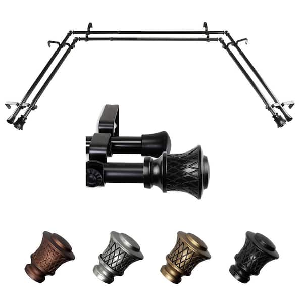 EMOH Neema 20-36 in. sides, 38-72 in. center Adjustable Bay Window Double Curtain Rod 13/16 in. in Black with Finial