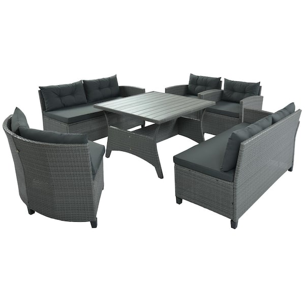 Unbranded Gray 6-Piece PE Rattan Wicker Patio Conversation Set Gray Cushion and Coffee Table