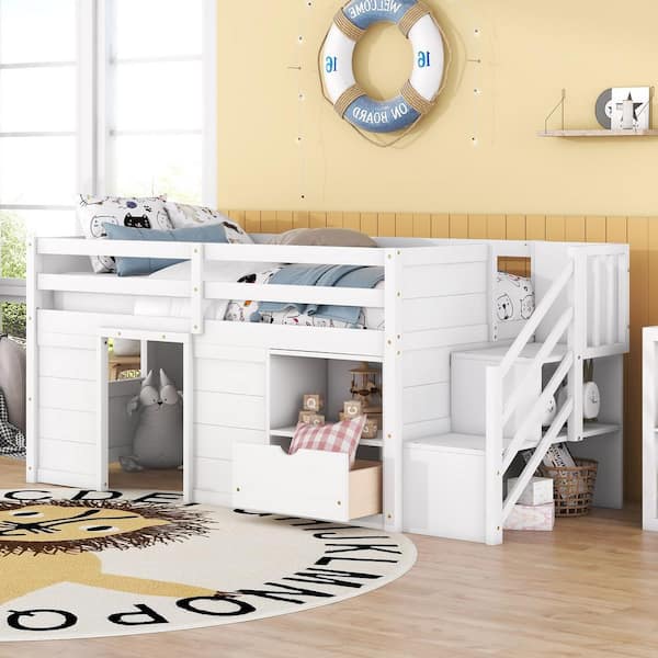 Harper & Bright Designs White Twin Size Wood Low Loft Bed with Stair, Drawer and Shelf