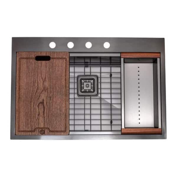 Black 16-Gauge Stainless Steel 33 in. Single Bowl Drop-In Workstation Kitchen Sink with Square Drain