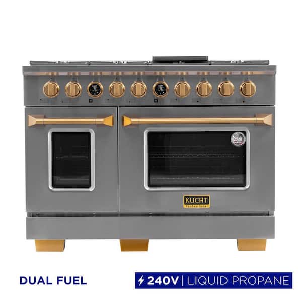 48 in. 6.7 cu.ft. 8-Burners Dual Fuel Range Propane Gas in Stainless Steel with Gold Accents and Digital Dial Thermostat