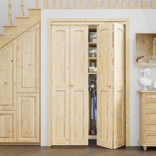 48 in. x 80 in. Arch Panel 2-Lite Solid Core Unfinished Pine Wood Interior Closet Bi-Fold Door with Hardware