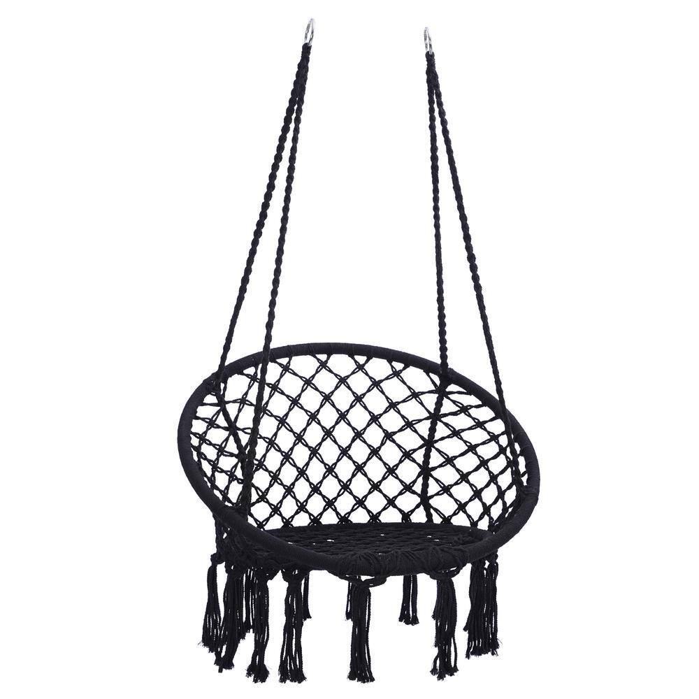 Black cotton rope hanging hammock swing chair with fringe detailing.