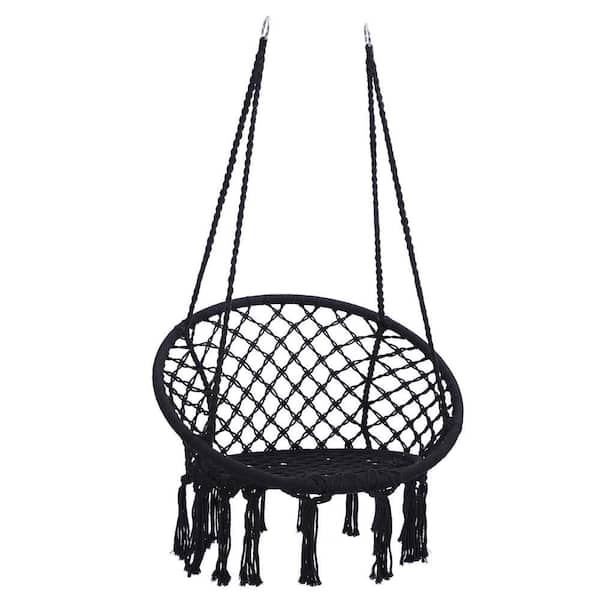 2 ft. Black Macrame Swing Hanging Cotton Rope Hammock Swing Chair for Indoor and Outdoor Garden Patio Backyard Balcony