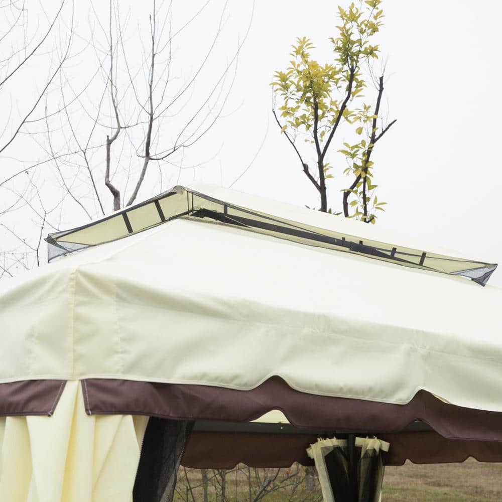 Cream White and Brown Aluminum Frame Patio Gazebo with Mesh Curtains